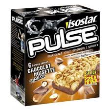 Baton dietetic energizant Pulse, 6 bucati, 23g, alune, ciocolata si guarana, Isostar